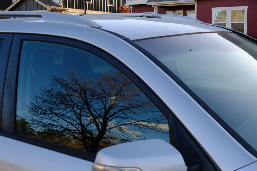 tree reflected in car window